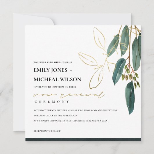 GOLD GREEN EUCALYPTUS FOLIAGE VOW RENEWITE INVITE DANKESKARTE (Vorderseite)