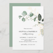 Gold & Green Eucalyptus Minimalist Wedding Einladung (Vorne/Hinten)