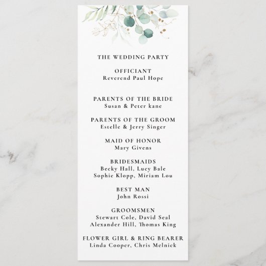 Gold Green Eucalyptus Timeline Wedding Program Programm (Rückseite)