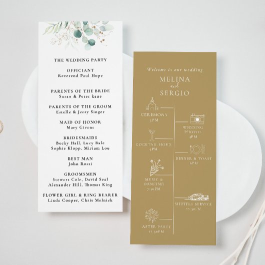 Gold Green Eucalyptus Timeline Wedding Program Programm