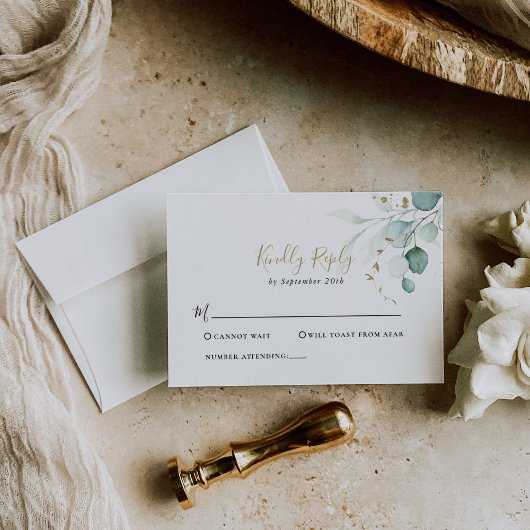 Gold Green Eucalyptus Wedding RSVP Card Karte