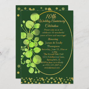 Gold & Green Eukalyptus 10. Hochzeitstag Einladung