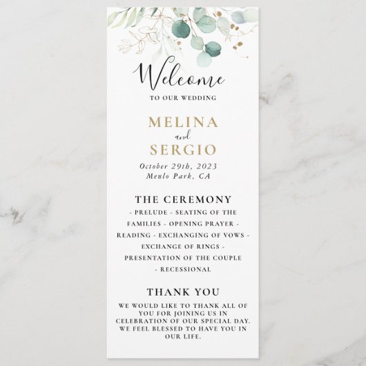 Gold Green Eukalyptus Calligraphy Wedding Program Programm (Vorderseite)