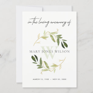 GOLD GREEN FAUNA BEILEID MEMORITY SERVICE INVITE DANKESKARTE