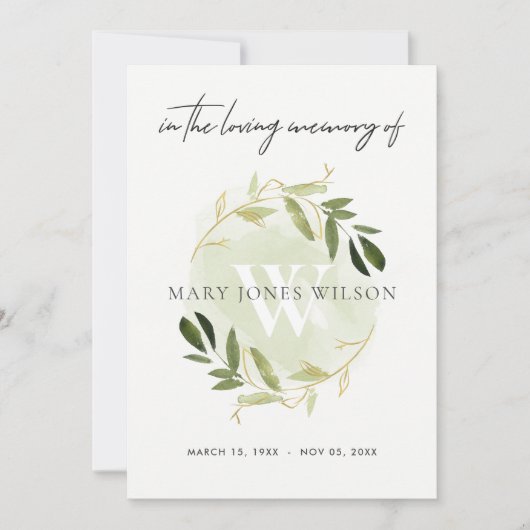 GOLD GREEN FAUNA BEILEID MEMORITY SERVICE INVITE DANKESKARTE (Vorderseite)