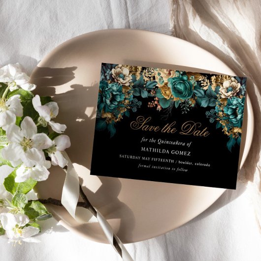 Gold Green Floral Quinceañera Save the Date Einladung