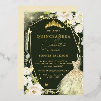 Gold Green Floral Tiara Kleid quinceanera Folieneinladung