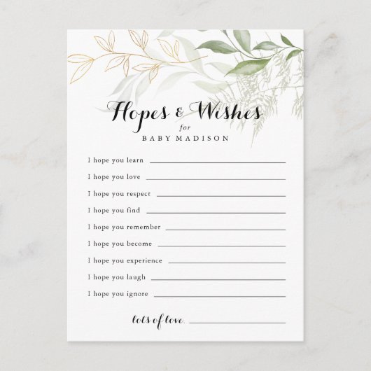 Gold Green Foliage Baby Shower Hopps & Wish Card Postkarte (Vorderseite)