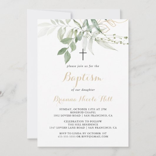 Gold Green Foliage Calligraphy Baptisc Einladung (Vorderseite)