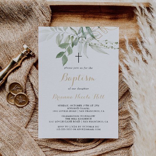 Gold Green Foliage Calligraphy Baptisc Einladung