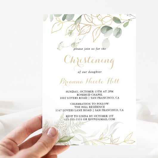 Gold Green Foliage Calligraphy Christening Einladung