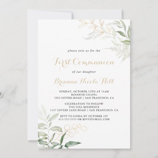 Gold Green Foliage Calligraphy First Communation Einladung (Vorderseite)