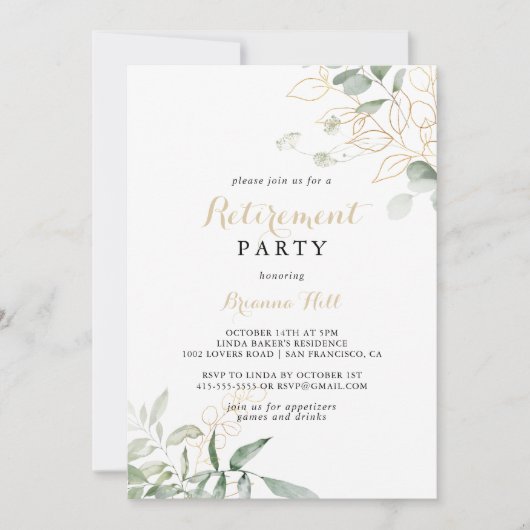 Gold Green Foliage Calligraphy Retirement Party Einladung (Vorderseite)
