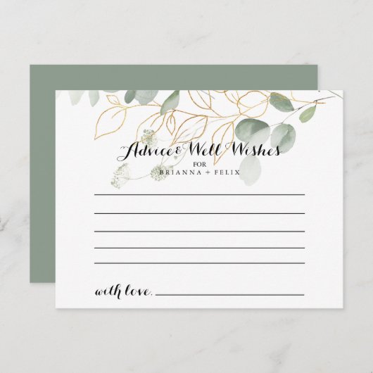 Gold Green Foliage Calligraphy Wedding Advice Card Postkarte (Vorne/Hinten)