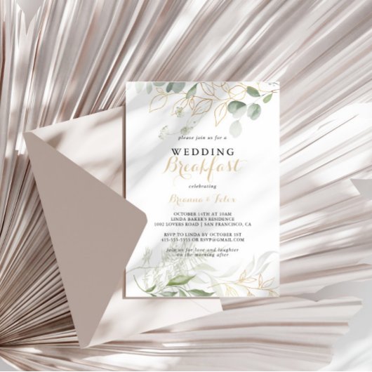 Gold Green Foliage Calligraphy Wedding Breakfast Einladung
