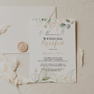 Gold Green Foliage Calligraphy Wedding Breakfast Einladung