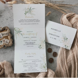 Gold Green Foliage Dreifach Hochzeitseinladung Dreifach Gefaltete Einladung