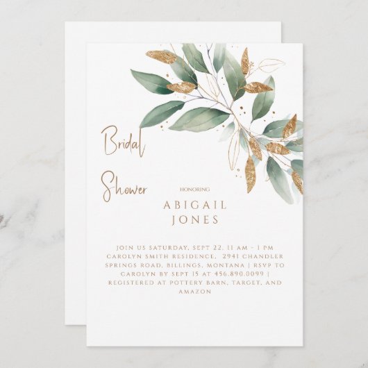 Gold & Green Foliage Elegantes Brautparty Einladung (Vorne/Hinten)