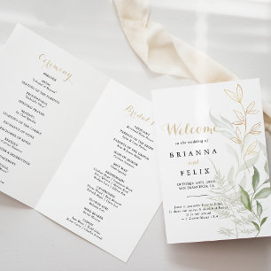 Gold Green Foliage Folded Wedding Program Programm