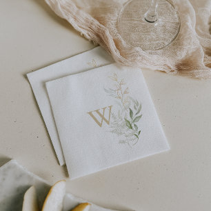 Gold Green Foliage Monogram Wedding Napkin Serviette