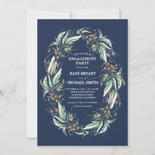 Gold Green Foliage Navy Blue Engagement Party Einladung (Vorderseite)