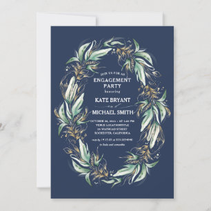 Gold Green Foliage Navy Blue Engagement Party Einladung