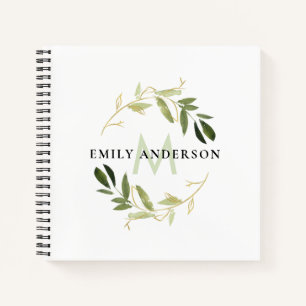 GOLD GREEN FOLIAGE WATERCOLOR WREATEN MONOGRAM NOTIZBLOCK