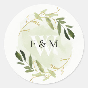 GOLD GREEN FOLIAGE WATERCOLOR WREATH WEDDING RUNDER AUFKLEBER