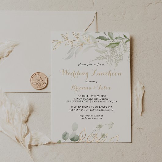 Gold Green Foliage Wedding Luncheon Brautparty Einladung