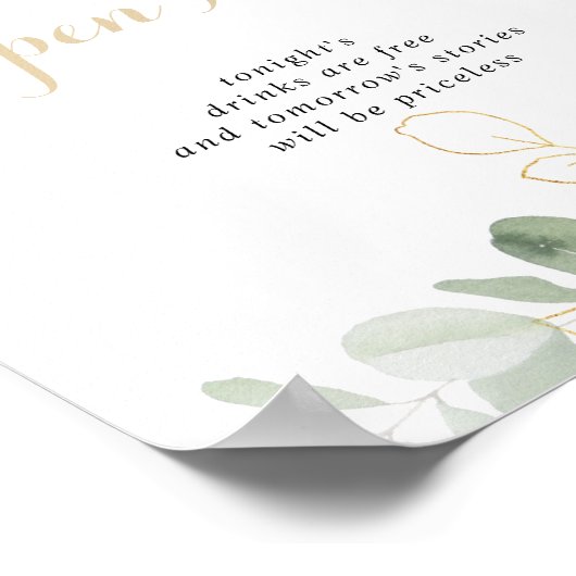 Gold Green Foliage Wedding Open Bar Sign Poster (Ecke)