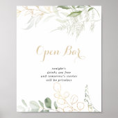 Gold Green Foliage Wedding Open Bar Sign Poster (Vorne)