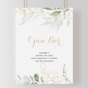 Gold Green Foliage Wedding Open Bar Sign Poster