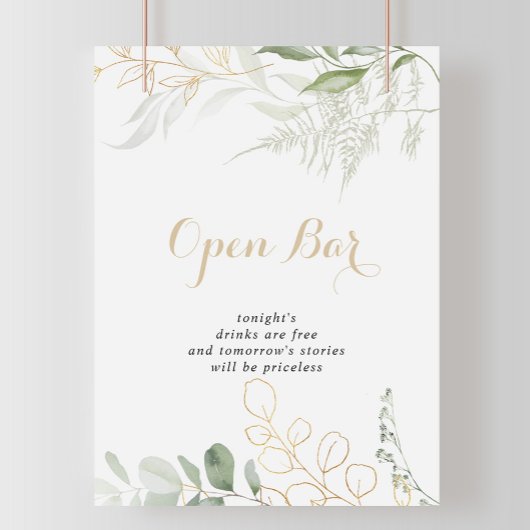 Gold Green Foliage Wedding Open Bar Sign Poster