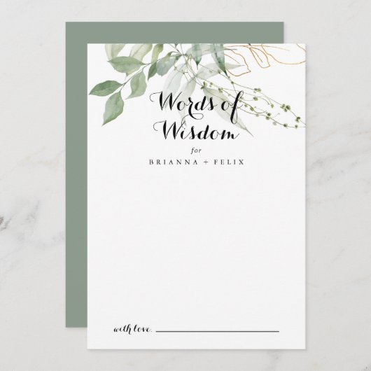 Gold Green Foliage Wedding Words of Wisdom Hinweiskarte (Vorne/Hinten)