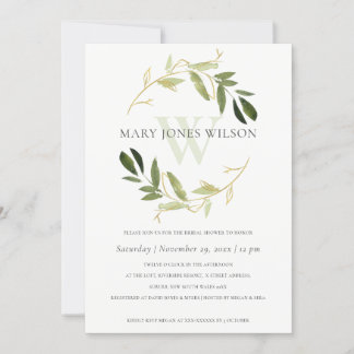 GOLD GREEN FOLIAGE WREATH BRAUTPARTY CARD DANKESKARTE