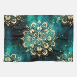 Gold & Green Galaxy Dharma Mandala Muster Geschirrtuch