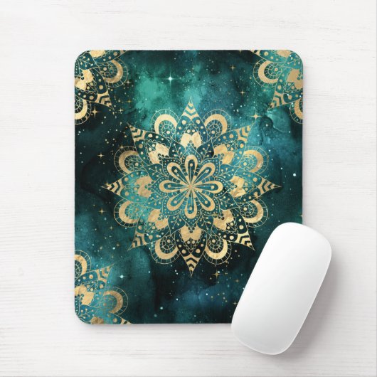 Gold & Green Galaxy Dharma Mandala Muster Mousepad (Mit Mouse)