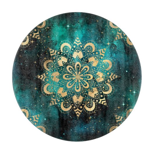 Gold & Green Galaxy Dharma Mandala Muster Schneidebrett (Vorderseite)