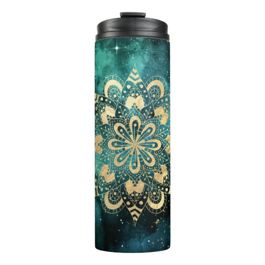 Gold & Green Galaxy Dharma Mandala Muster Thermosbecher (Vorderseite)