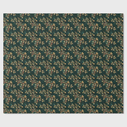 Gold & Green Holly Christmas Pattern Geschenkpapier (Flach)