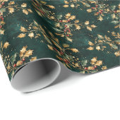 Gold & Green Holly Christmas Pattern Geschenkpapier (Rolleneckpunkt)