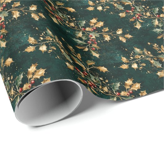 Gold & Green Holly Christmas Pattern Geschenkpapier (Rolleneckpunkt)
