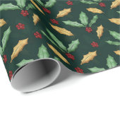 Gold Green Holly Verlasse Red Berries Forest Green Geschenkpapier (Rolleneckpunkt)