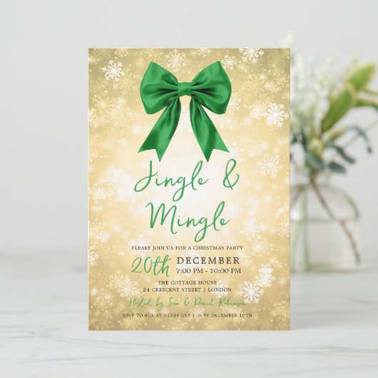 Gold Green Jingle Mingle Christmas Party Bow Snow  Einladung (Stehend Vorderseite)