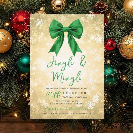 Gold Green Jingle Mingle Christmas Party Bow Snow Einladung