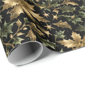 Gold & Green Leaves Wrapping Paper on Dark Back Geschenkpapier (Rolleneckpunkt)