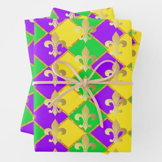 Gold Green Lila Mardi Gras Harlequin Pattern Geschenkpapier Set (Beispiel)