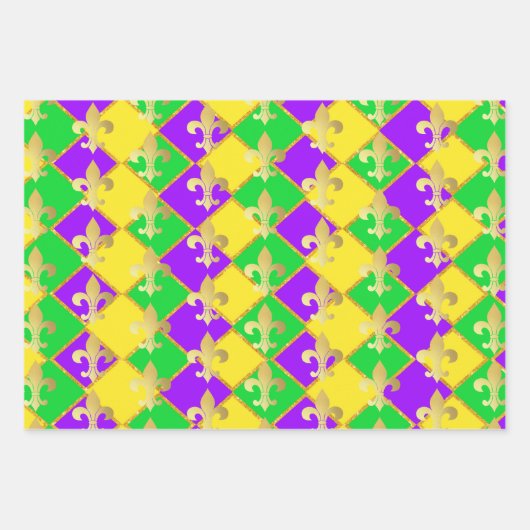 Gold Green Lila Mardi Gras Harlequin Pattern Geschenkpapier Set (Vorderseite)