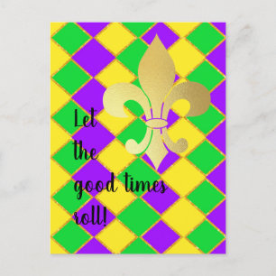 Gold Green Lila Mardi Gras Harlequin Pattern Postkarte