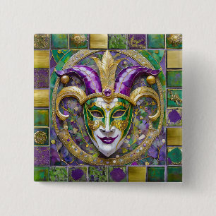Gold Green Lila Mardi Gras Jester Mask Button